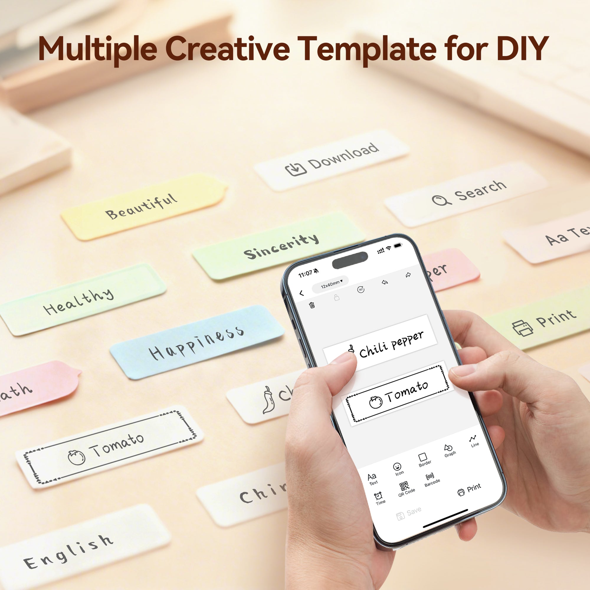 XenGro AH-P05 Mini Label Maker with multiple templates, fonts, icons, and DIY designs for creating personalized labels and stickers.