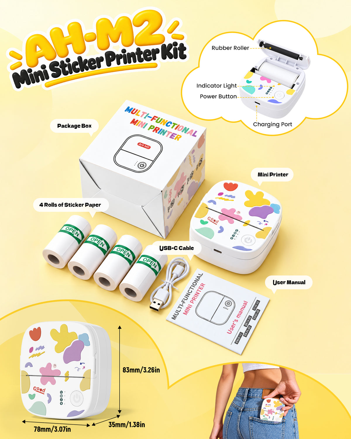 XenGro AHM2 Mini Sticker Printer for Kids – Portable Bluetooth Thermal Printer for Creative Crafts, Journals & Fun DIY Gifts